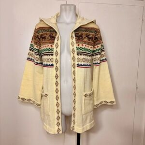 Vintage 70s/80s Monarch Knits Cream Hooded Fair Isle Moose Cardigan Sweater
